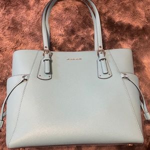 Voyager Small Crossgrain Leather Tote Bag (Aqua)